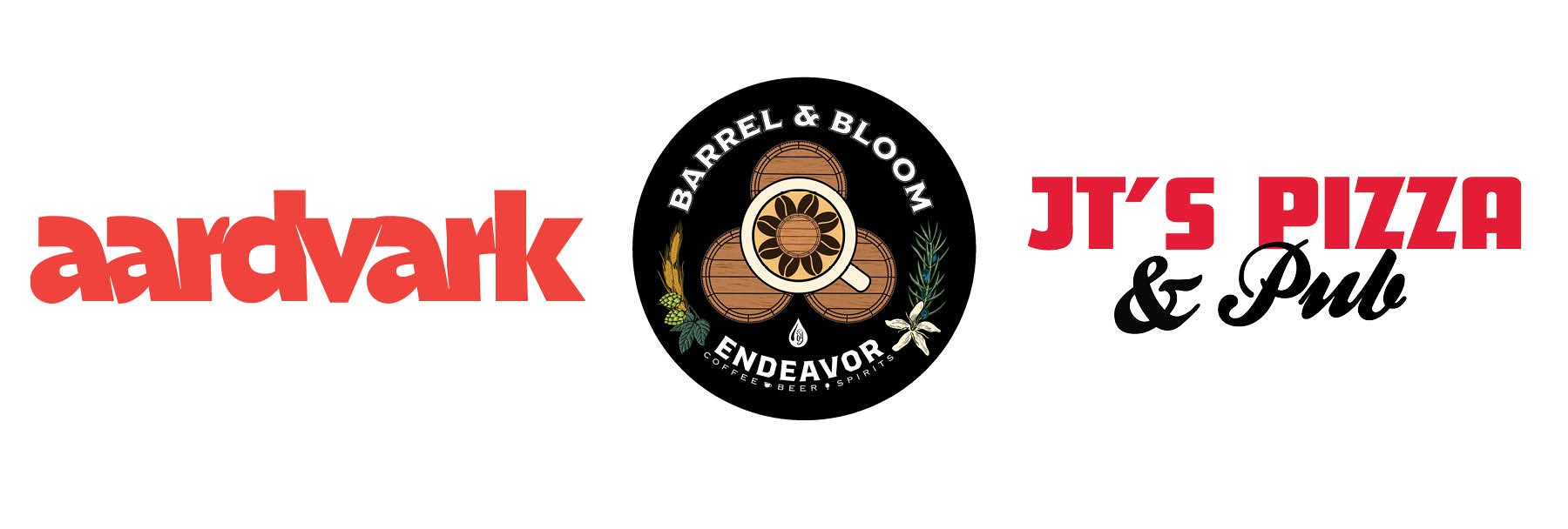 Logos for Aardvark Beer & Wine, Barrel & Bloom, and JT's Pizza & Pub.